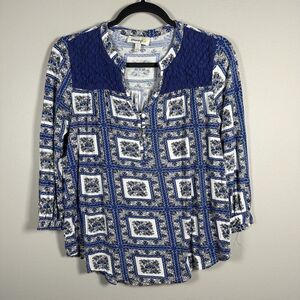 Porridge XXSmall Blue White Yellow Pattern VNeck Button Front‎ 3/4 Sleeve Shirt